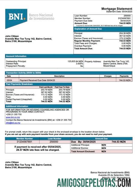 para download Mozambique Banco Nacional De Investimento (BNI) Mortgage Statement Word And PDF Template